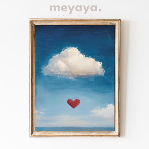 Vintage Valentines Cloud Art Print Red Heart Painting Moody Sky Art Nursery Valentines Decor Love Artwork Valentines Instant Download