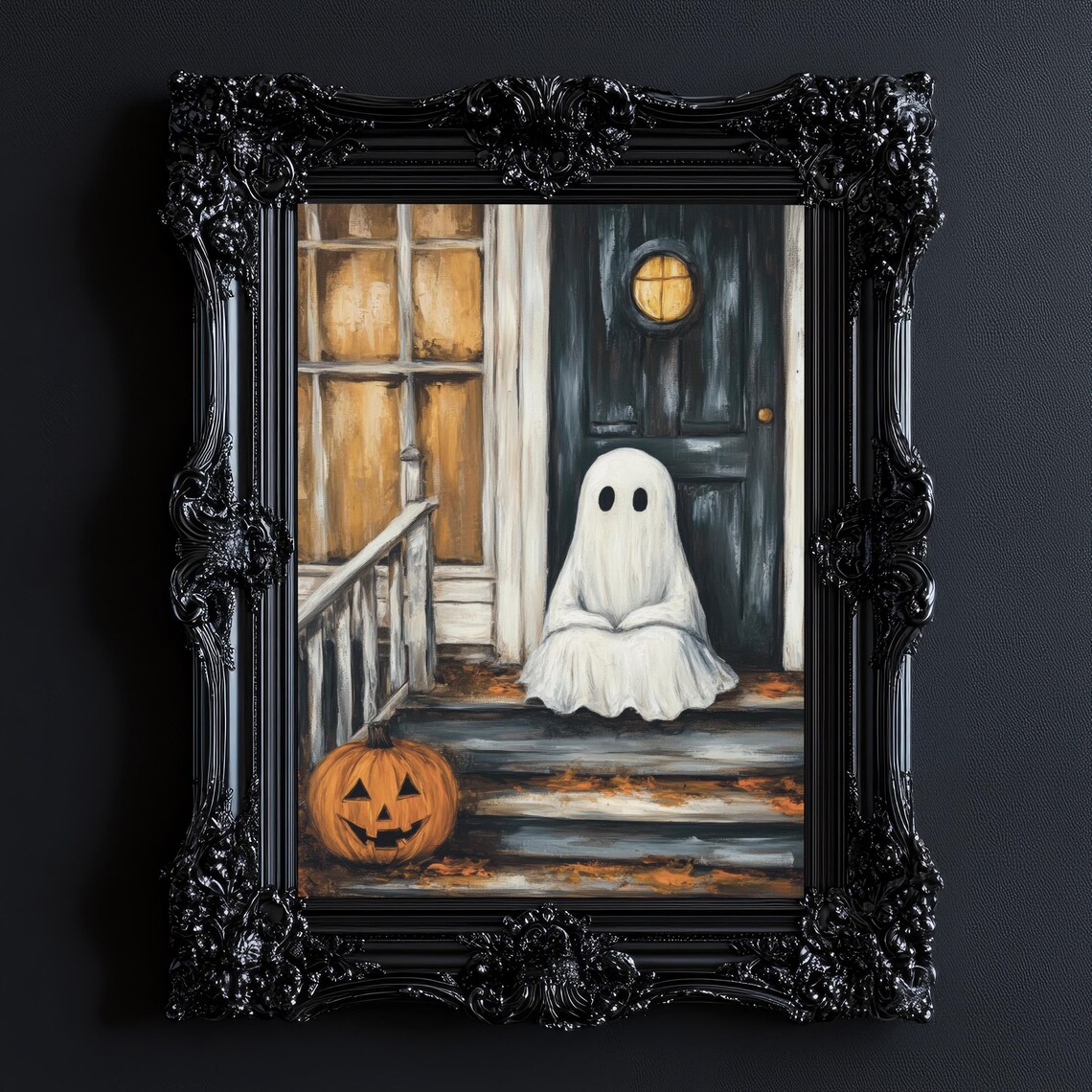 Cute Ghost Sitting On A Rustic Doorstep Next To A Jack O Lantern Poster - Image 5