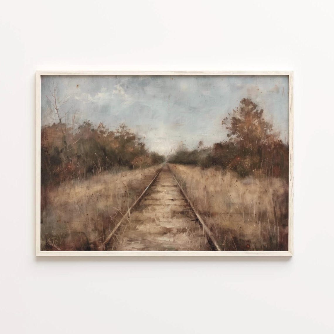 Railroad Landscape Print Moody Art Vintage Farmhouse Decor Neutral Wall Art Country Railroad Painting Meadow Painting Dark Academia - Image 4
