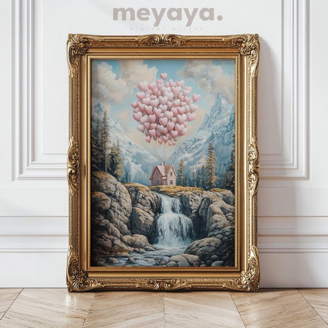 Heart Balloon House Flying Over Waterfall Mountain Wall Print - Image 5