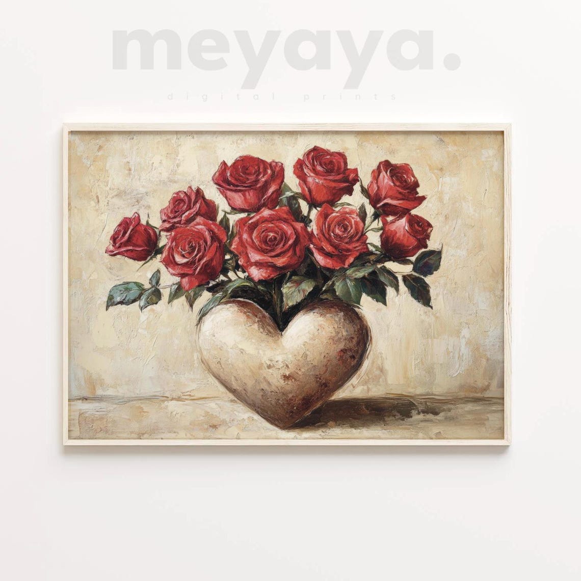 Red Roses Heart Shaped Vase Vintage Romantic Floral Wall Print - Image 3