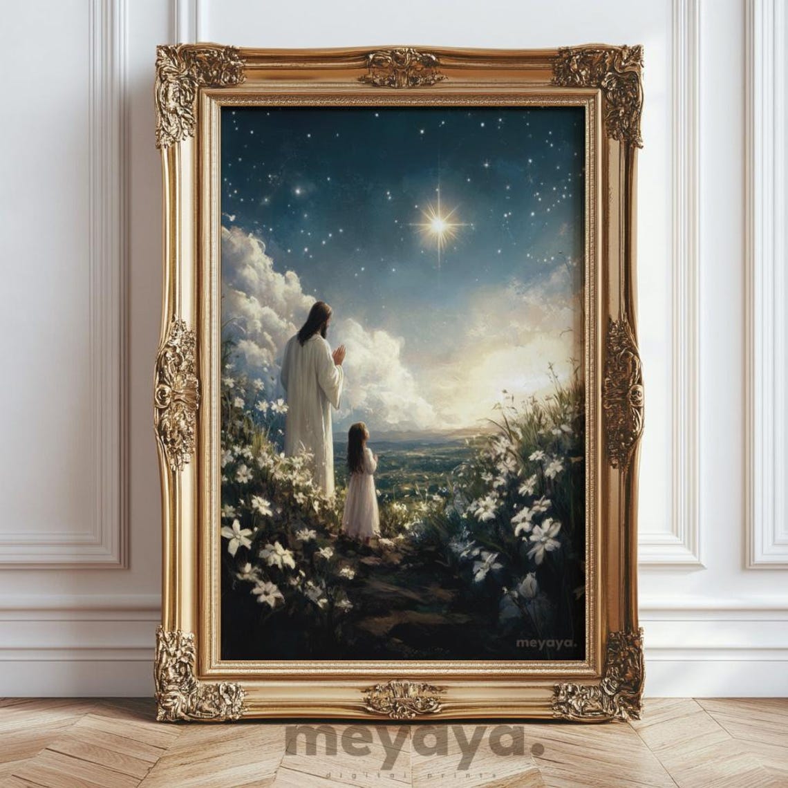 Jesus And Girl Praying Painting Star Of Bethlehem Print Christian Painting I Am A Child Of God Let Us Adore Him Vintage Christmas Decor - Image 5