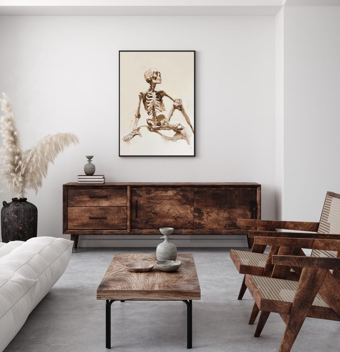Seated Human Skeleton Sepia Ink Study On Cream Background Poster - Image 2