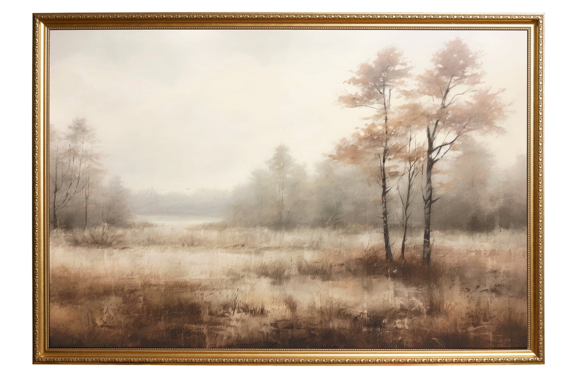 Misty Autumn Meadow With Birch Trees In Soft Brown Tones Poster - Image 3