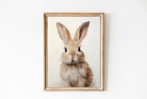Baby Bunny Portrait Oil Painting Soft Cream Spring Nursery Poster