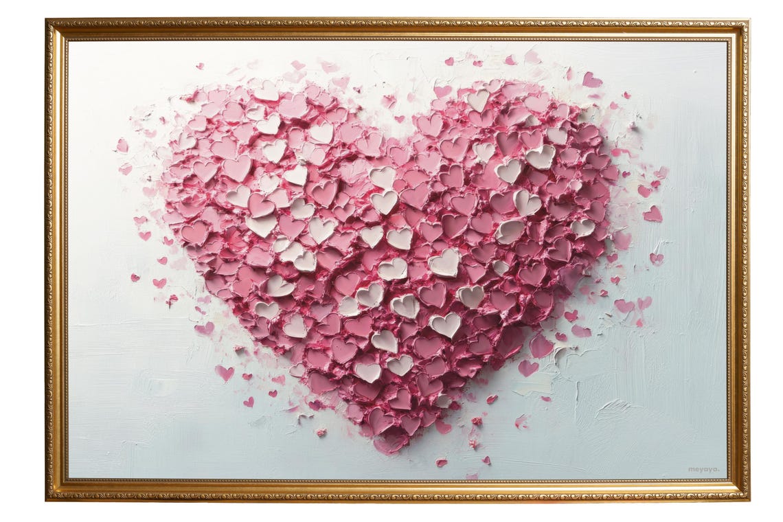Pink White Hearts Impasto Textured Romantic Valentines Wall Print - Image 5