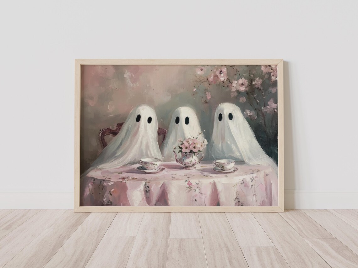 Vintage Ghost Tea Party Art Print, Pink Halloween - Image 2