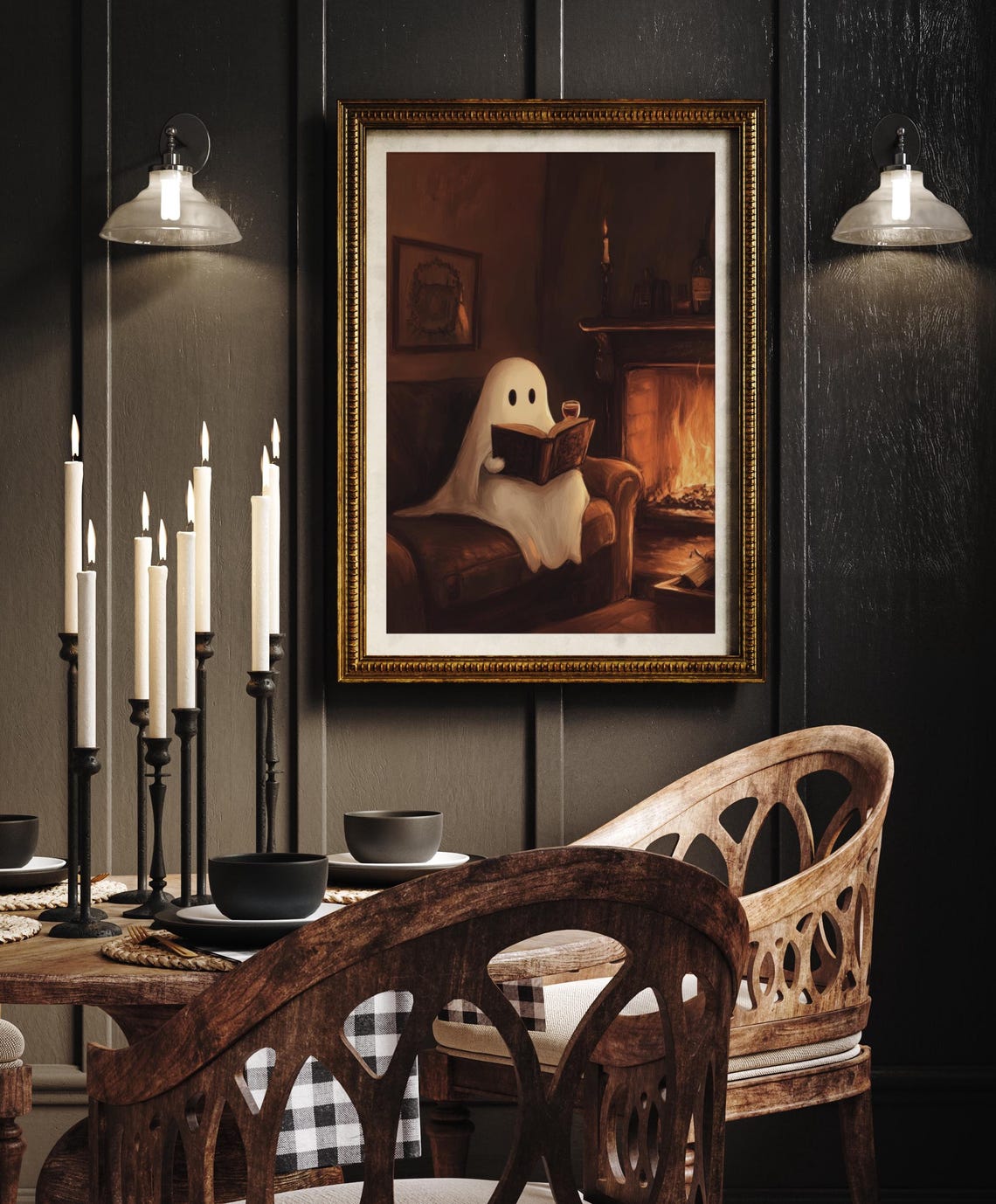 Cozy Ghost Reading by the Fireplace Fall Painting Art Wall Poster - Image 4