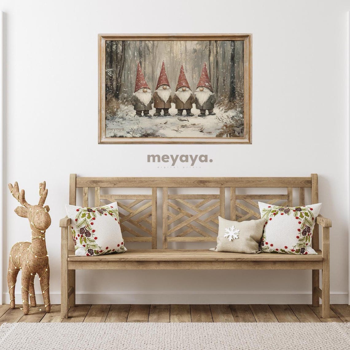 Four Christmas Gnomes Red Hats Snowy Forest Winter Art Poster - Image 3