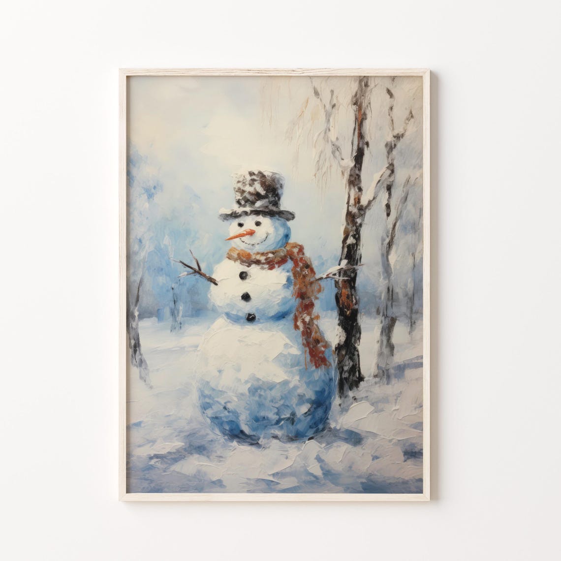 Vintage Snowman in Winter Woods Rustic Snowy Christmas Painting Poster - Image 3