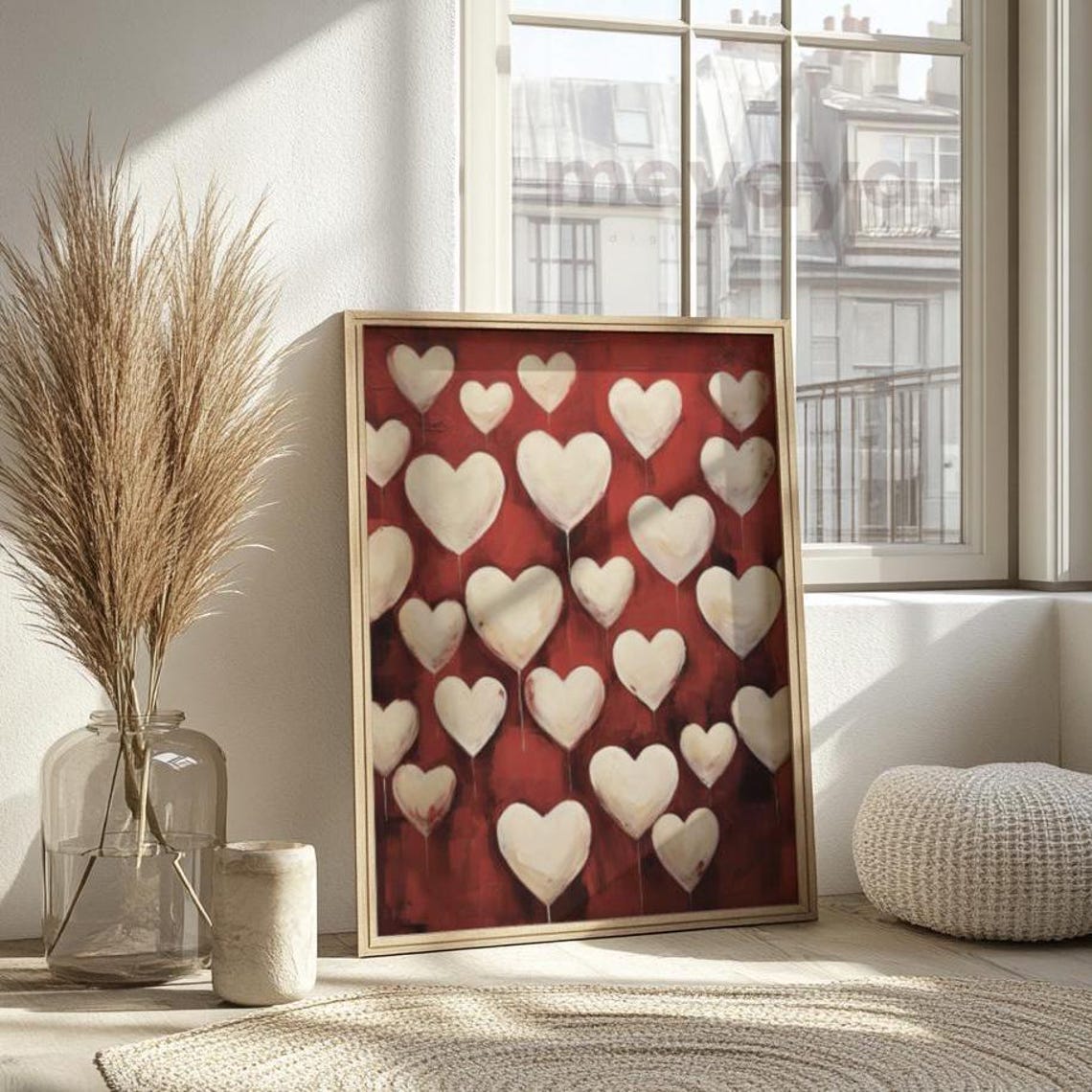 White Hearts Red Background Vintage Romantic Love Pattern Wall Print - Image 6