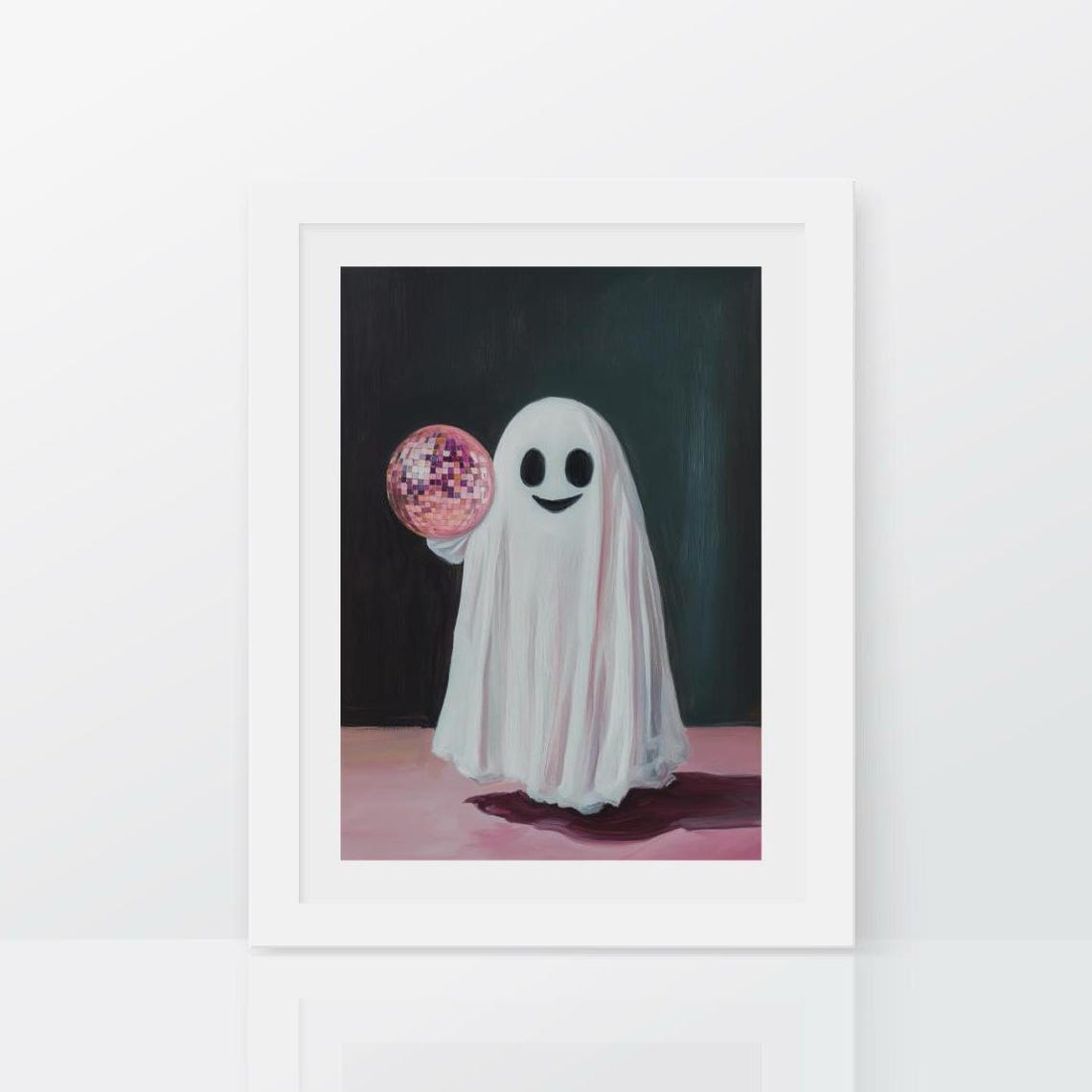 Disco Cute Ghost Print Spooky Pink Decor Girly Preppy Halloween Decor Retro Pink Halloween Disco Ball Poster Ghost Painting - Image 2