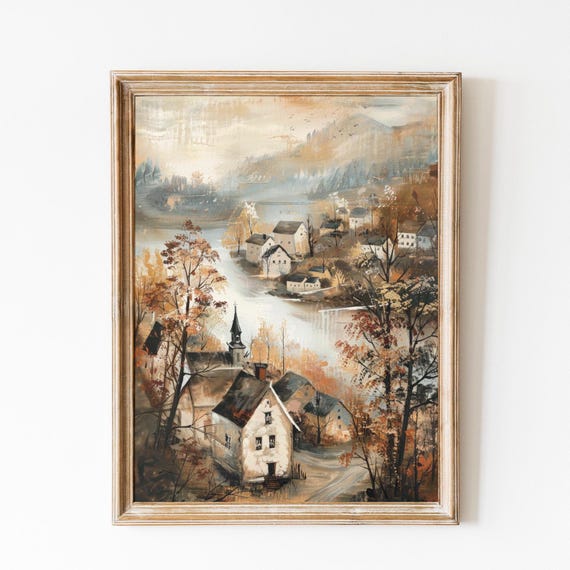 Fall Village Print Autumn Decor Vintage Moody Landscape Print Cottagecore Decor Neutral Fall Decor Fall Print Moody Autumn Painting