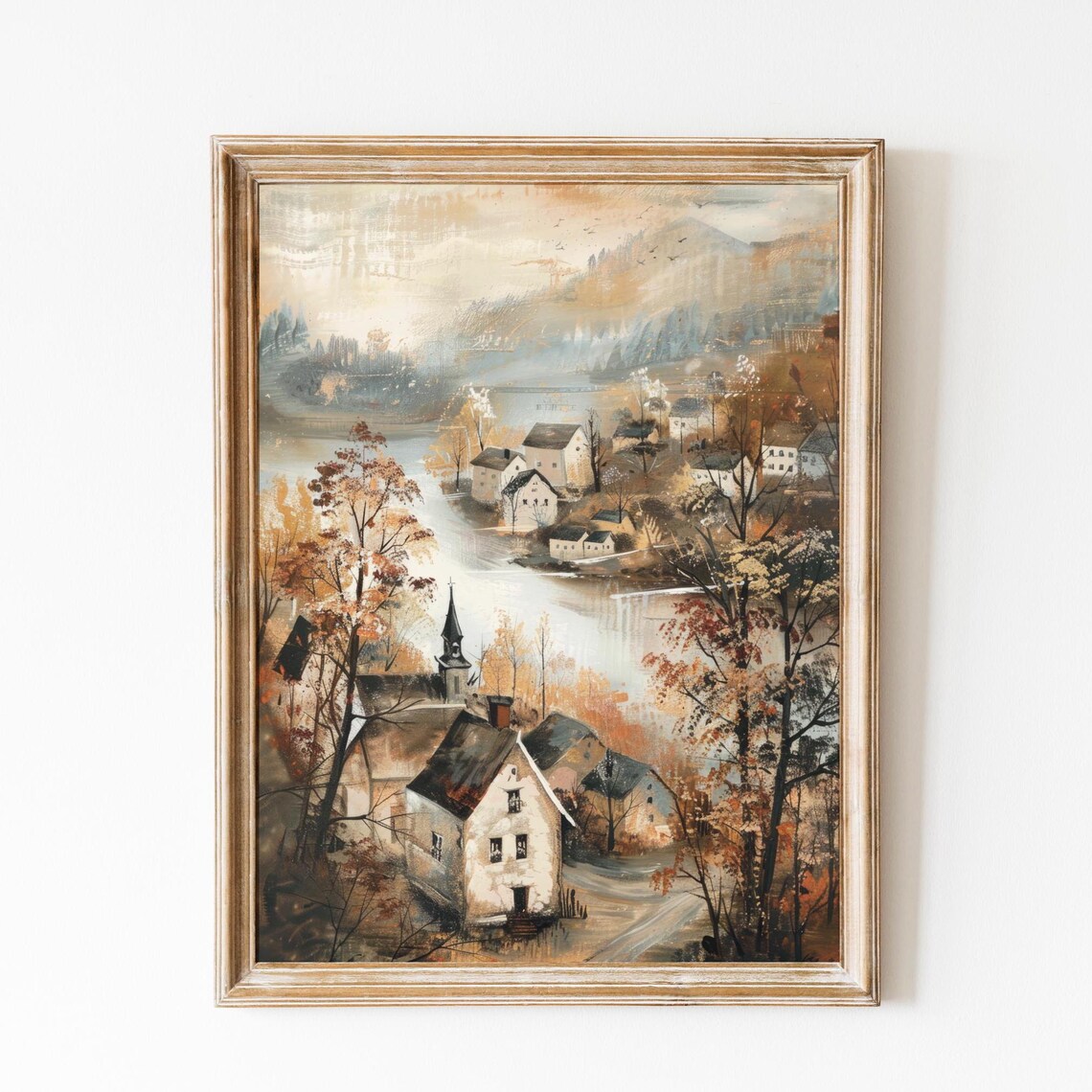 Autumn Village By Lake Church Fall Trees Vintage Landscape Poster