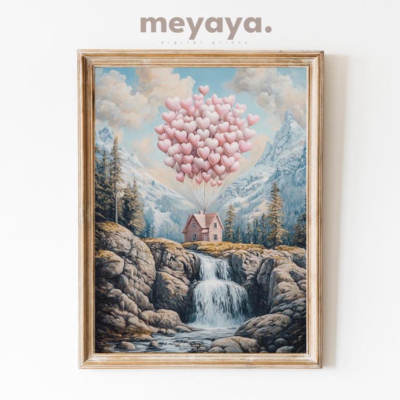 Valentines Day Wall Art Cute Pink Cottage Print Pink Valentines Decor Vintage Pink Balloons Print Valentines Gift Cottagecore Wall Art