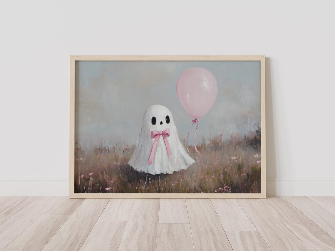 Cute Ghost With A Pink Bow And Balloon In A Flower Meadow Poster - Image 2