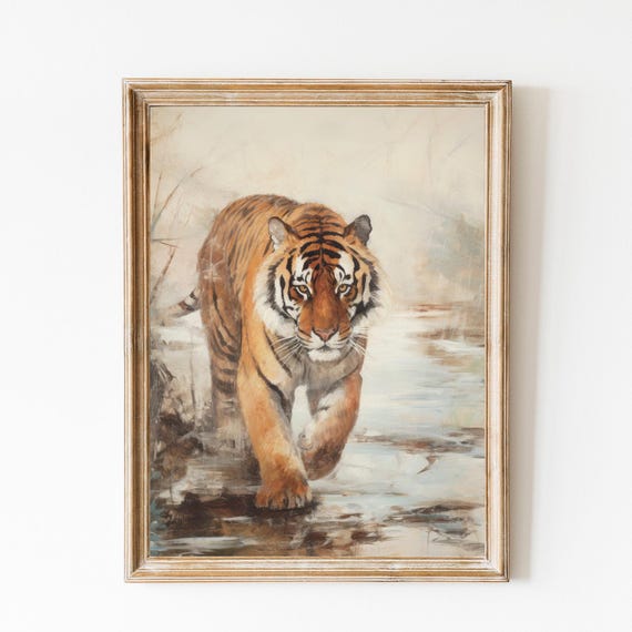 Vintage Tiger Print, Moody Farmhouse Wildlife Poster