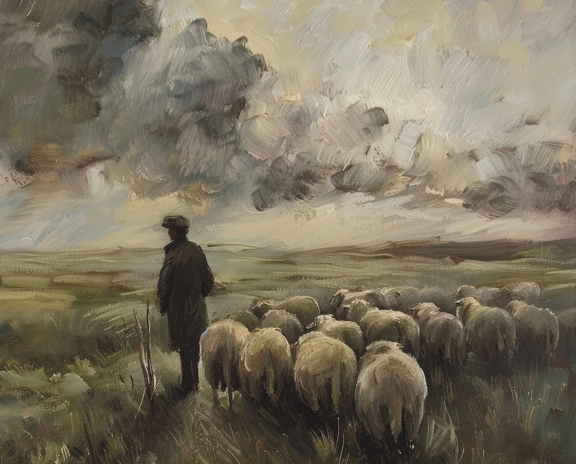 Shepherd With Sheep Flock Moody Pastoral Countryside Farm Poster - Image 6
