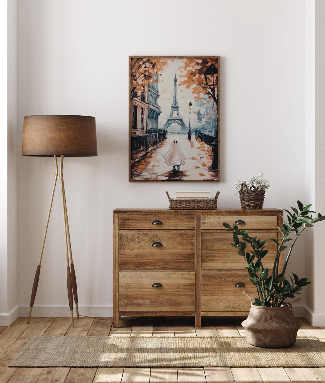 Cute Ghost Walking Toward Eiffel Tower On Autumn Paris Street Poster - Image 2