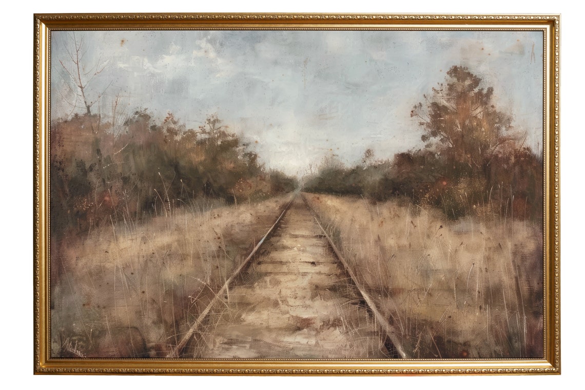 Railroad Landscape Print Moody Art Vintage Farmhouse Decor Neutral Wall Art Country Railroad Painting Meadow Painting Dark Academia - Image 5