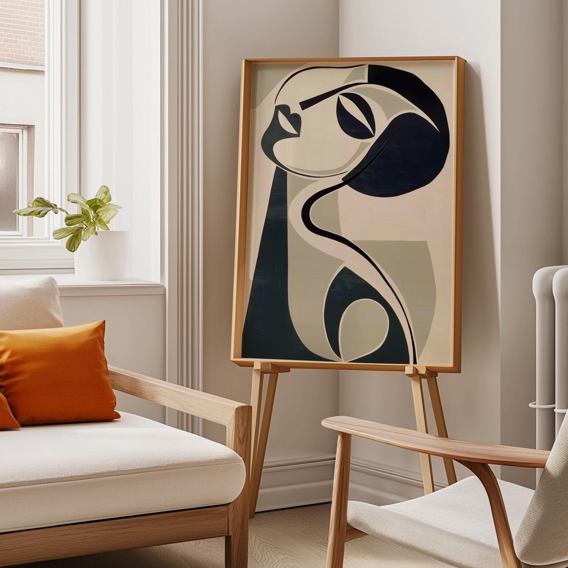 Cubist Face Abstract Navy Beige Modern Portrait Line Art Poster