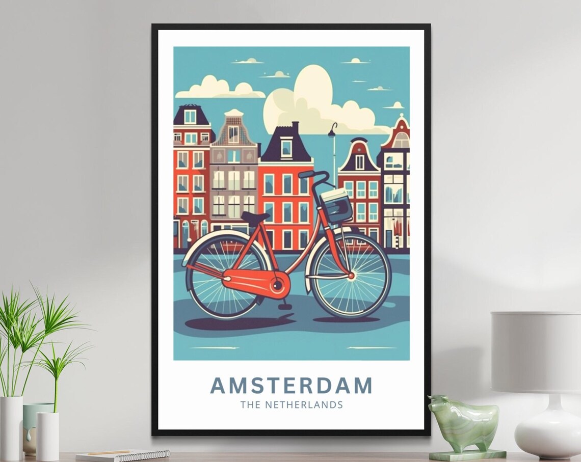 Amsterdam Netherlands Red Bicycle Canal Houses City Travel Poster