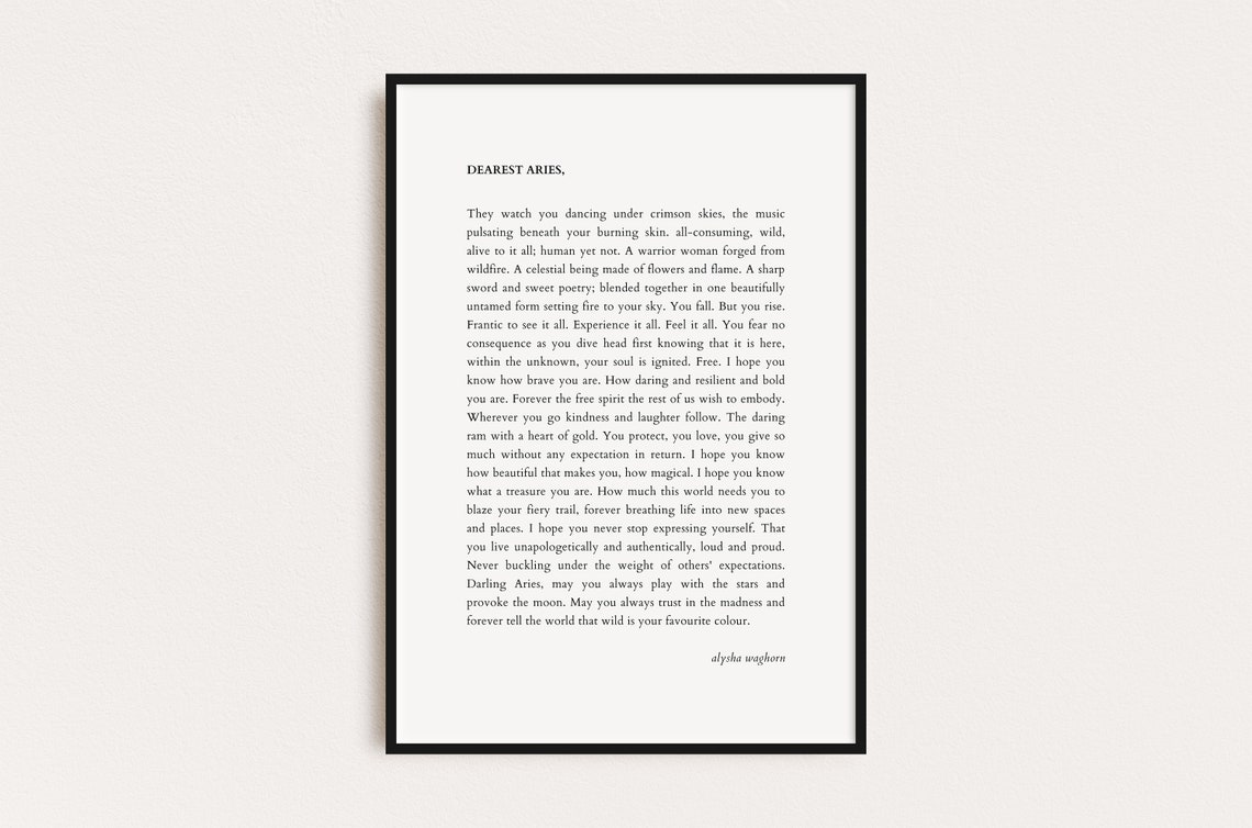 Dearest Aries Star Sign Letter Minimalist Typography Wall Art