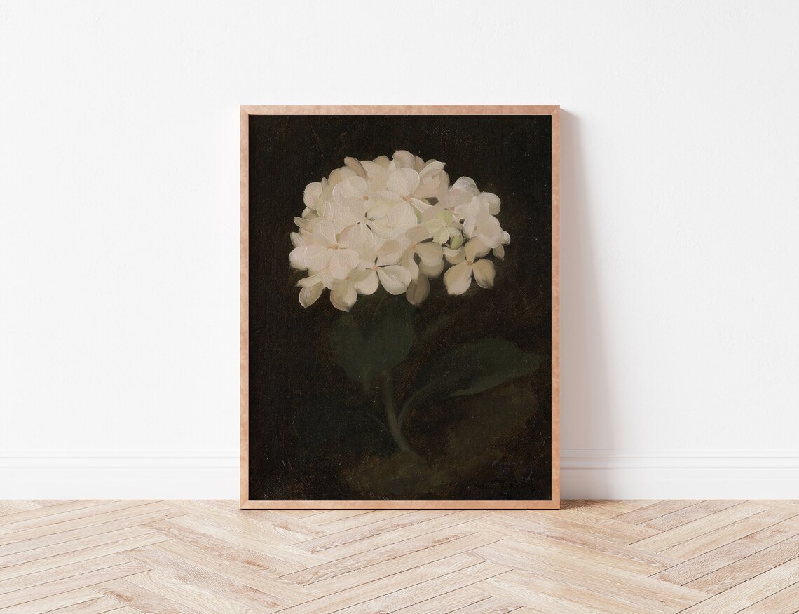 White Hydrangea Oil Painting Dark Background Vintage Floral Wall Art - Image 3