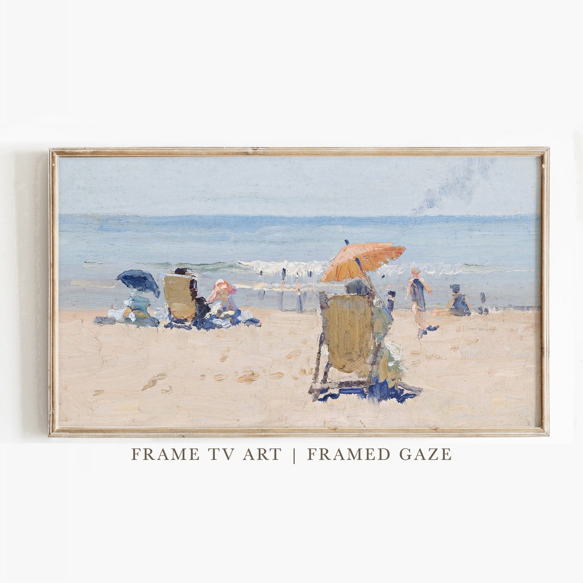 Vintage Beach Bathers Deck Chairs Umbrellas Sunny Seaside Poster