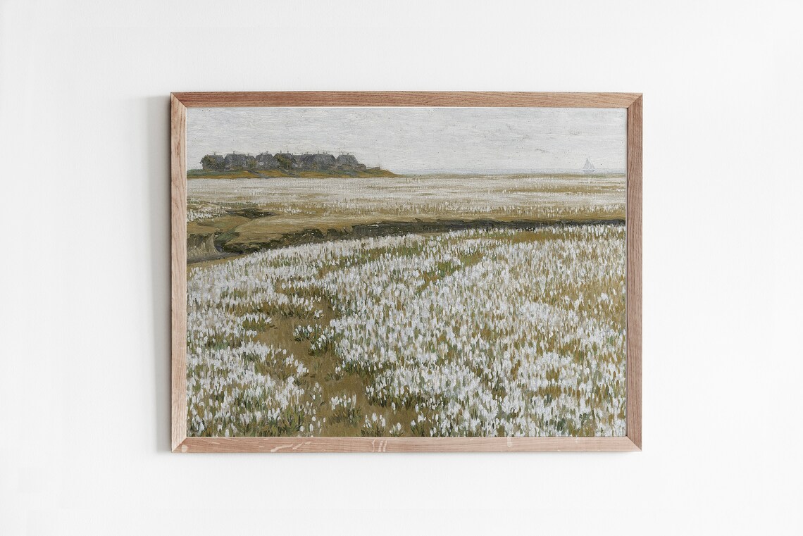 White Wildflower Field Farmhouses Distant Sailboat Meadow Poster - Image 4