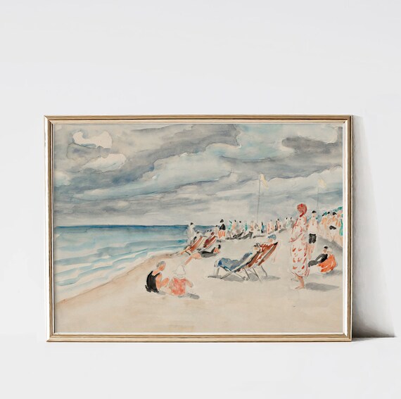 Cloudy Beach Bathers Deck Chairs Vintage Watercolor Seaside Poster