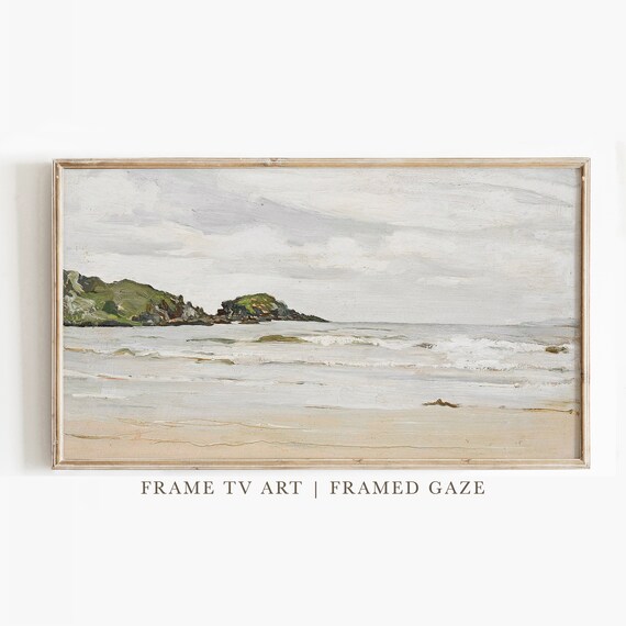 Vintage Seascape Oil Painting Calm Beach Waves Frame TV Art Poster