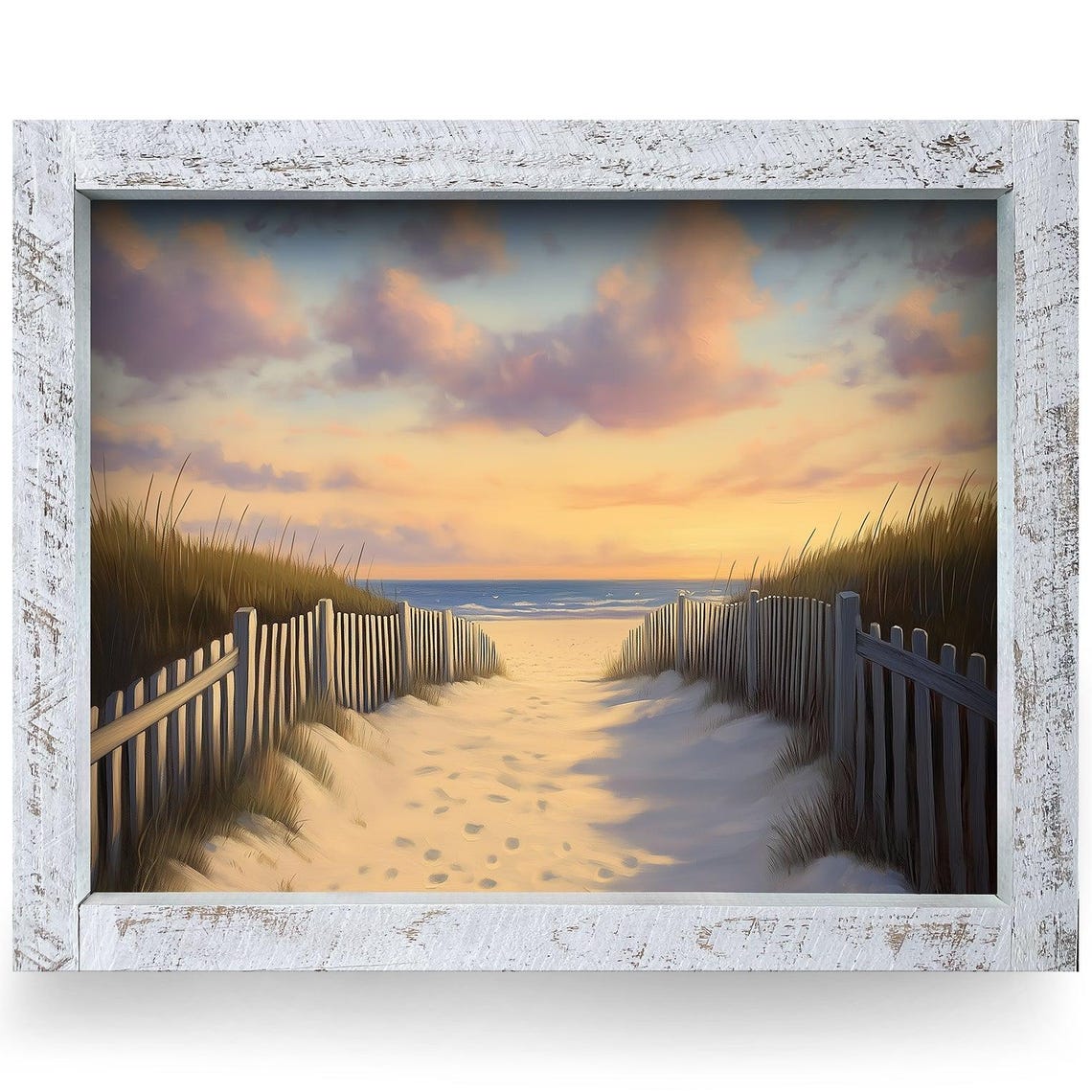 Sandy Beach Path Through Dunes Toward Golden Sunset Ocean Poster