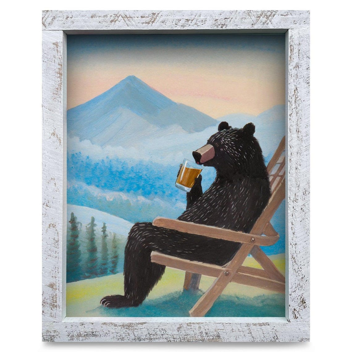 Black Bear Drinking Beer in Chair Mountain View Humor Wall Art
