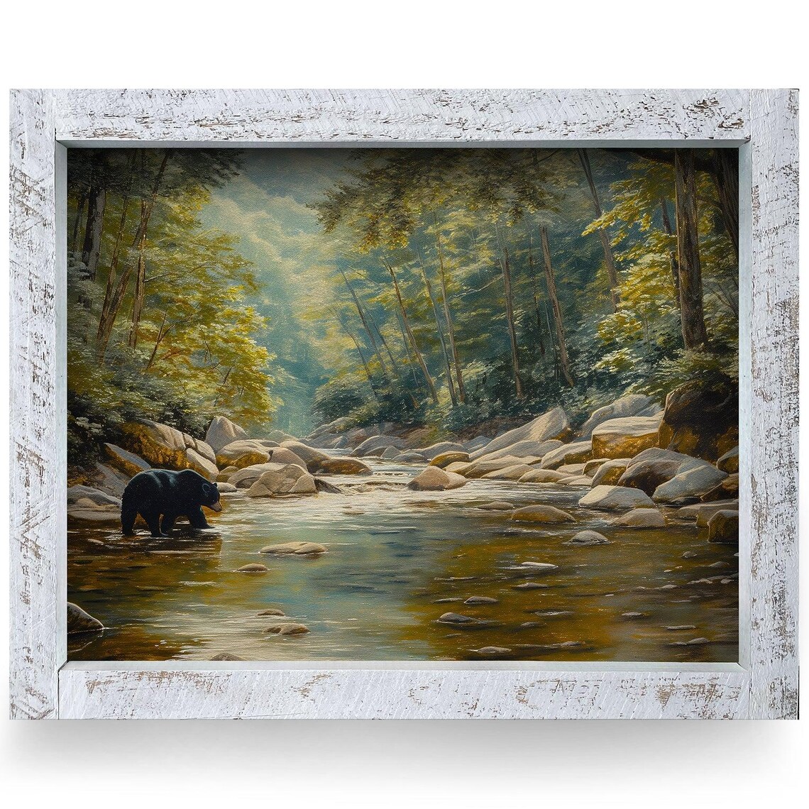 Black Bear Fishing Rocky Forest Creek Wildlife Painting Poster