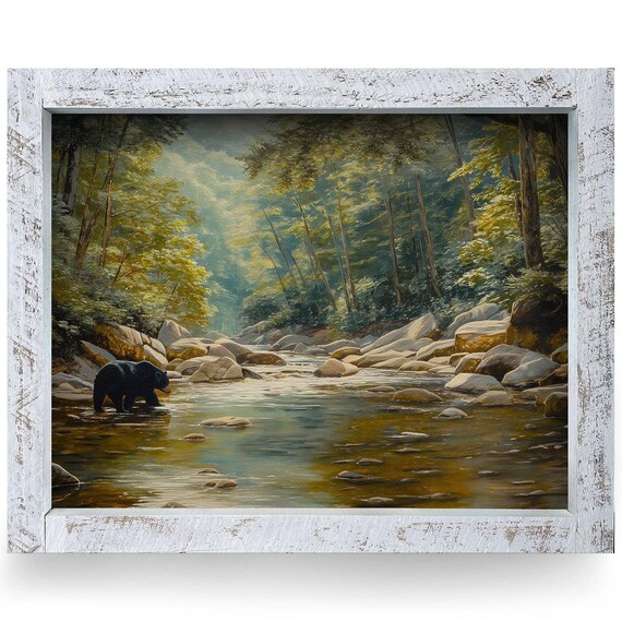 Black Bear Fishing Rocky Forest Creek Wildlife Painting Poster