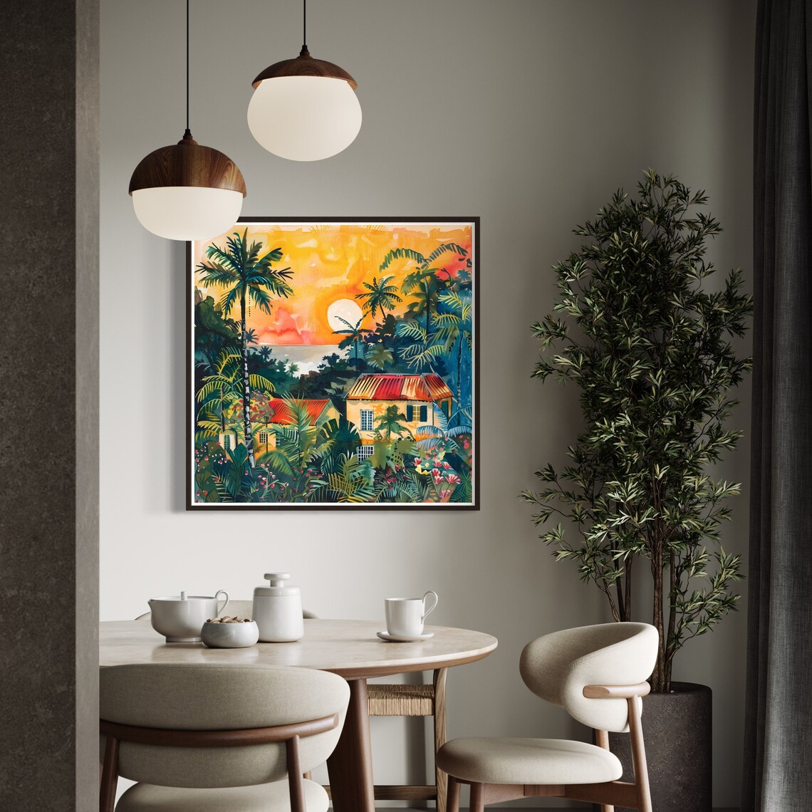Tropical Island Sunrise Palm Trees Colorful Houses Ocean View Poster - Image 4