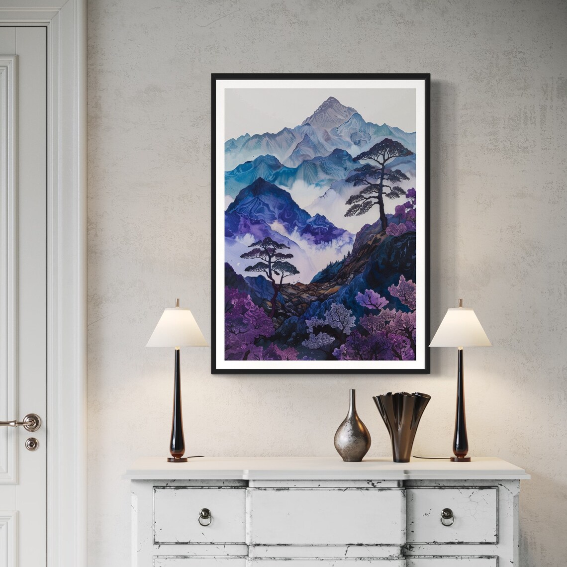 Purple Mountain Pines Mist Japanese Ink Landscape Art Travel Poster - Image 2