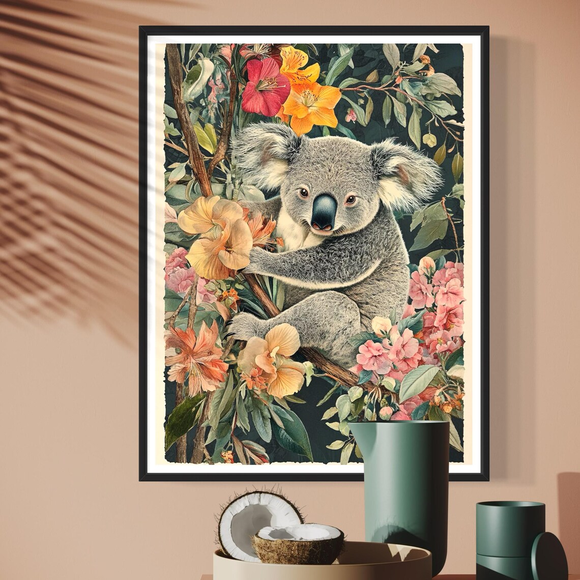 Koala Climbing Branch Colorful Tropical Flowers Wildlife Poster - Image 2