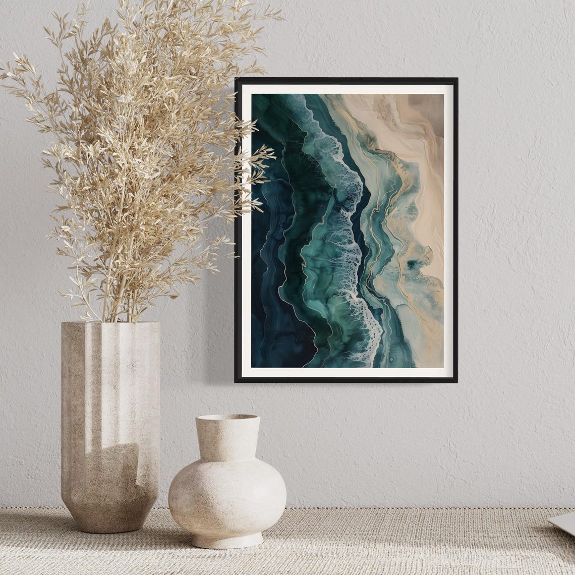 Sandy Beach Ocean Waves Abstract Teal Cream Coastal Wall Art Print - Image 4