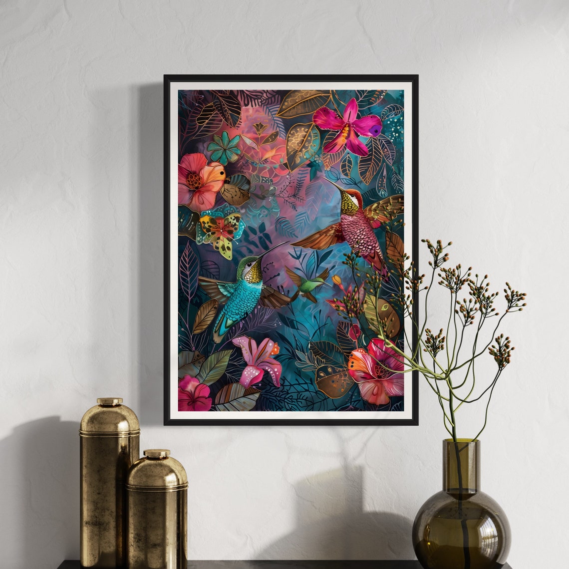 Hummingbird Art Print Floral And Bird Wall Decor Colourful Flower Botanical Painting Spiritual Growth Nature Lover Gift Wildlife Painting - Image 2