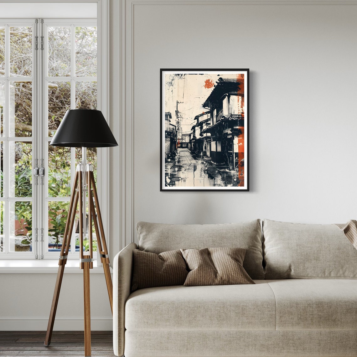 Streets Of Japan Art Print Abstract Monochrome Ink Style Drawing Splash Of Red Urban Cityscape Wall Decor Contemporary Japanese Painting - Image 2