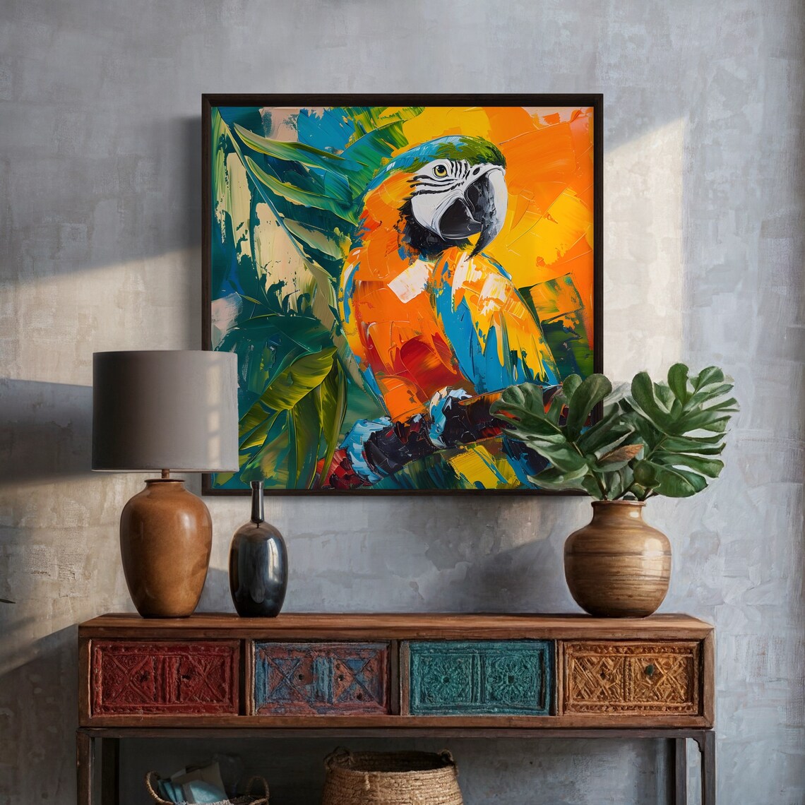Blue Gold Macaw Impasto Acrylic Bold Tropical Bird Painting Poster - Image 3