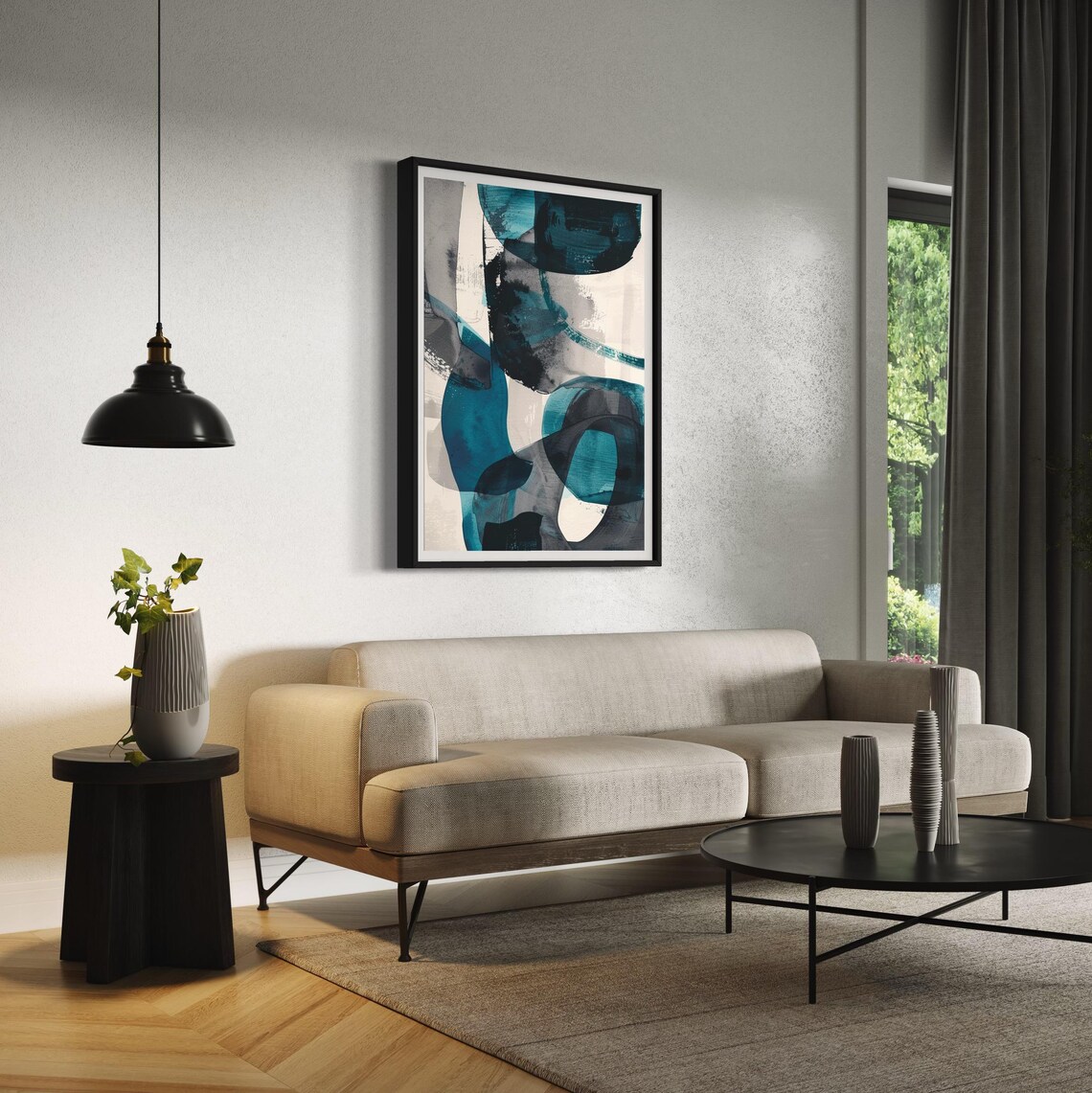 Grey Turquoise Abstract Art Print, Mid-Century Modern - Image 3