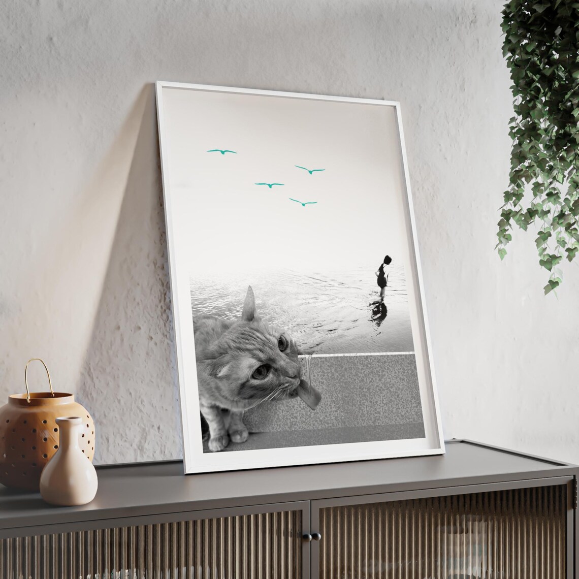 Giant Cat on the Beach Surreal Collage Teal Birds Wall Poster - Image 2
