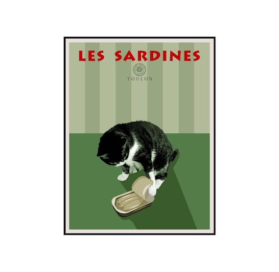Cat Sardine Collage, Kitchen Decor Art Print