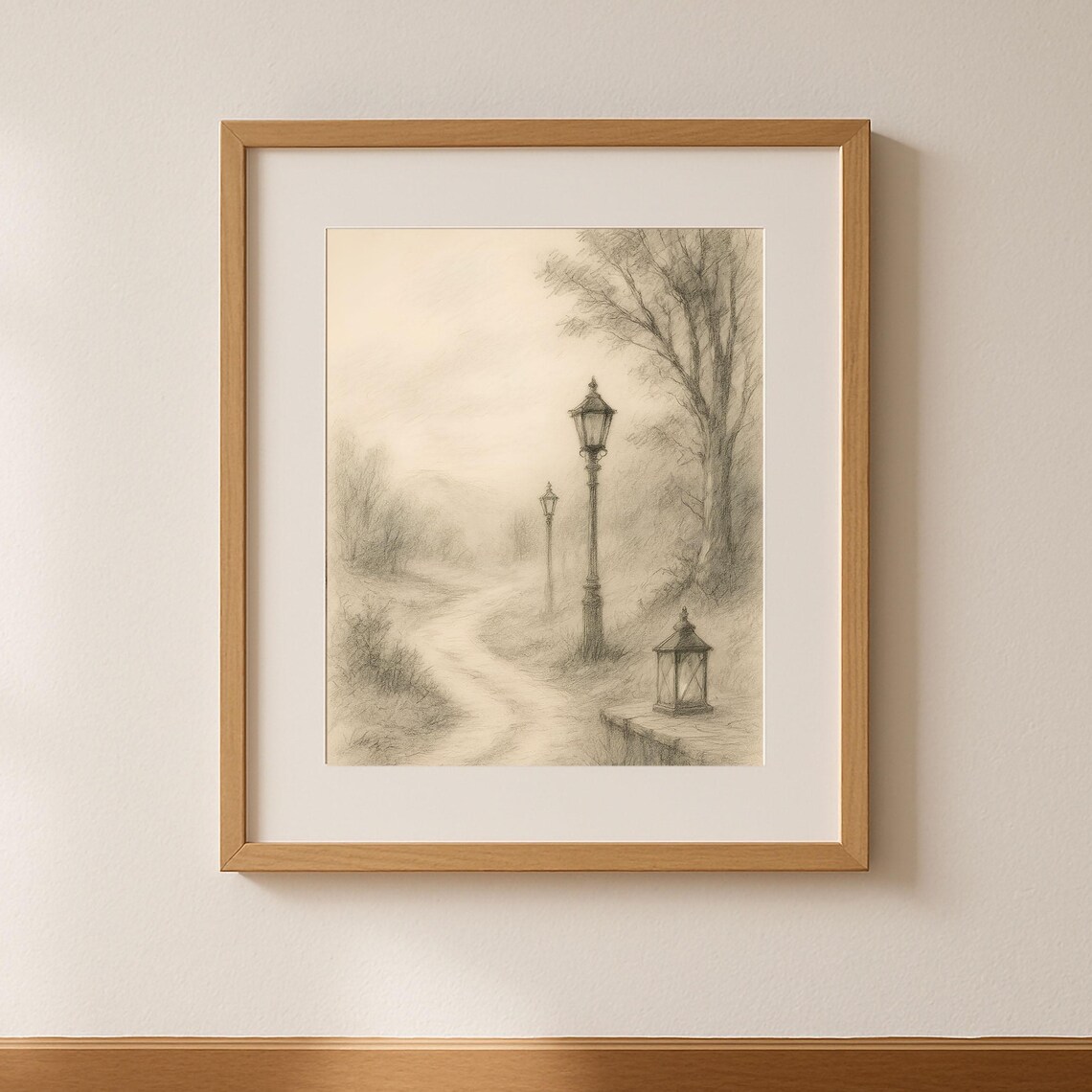 Foggy Morning Park Path Vintage Lamp Posts Pencil Sketch Poster