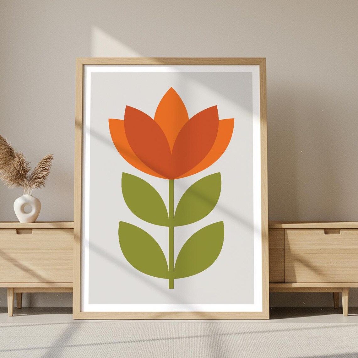 Midcentury Modern Flower Print Orange And Green Botanical Art