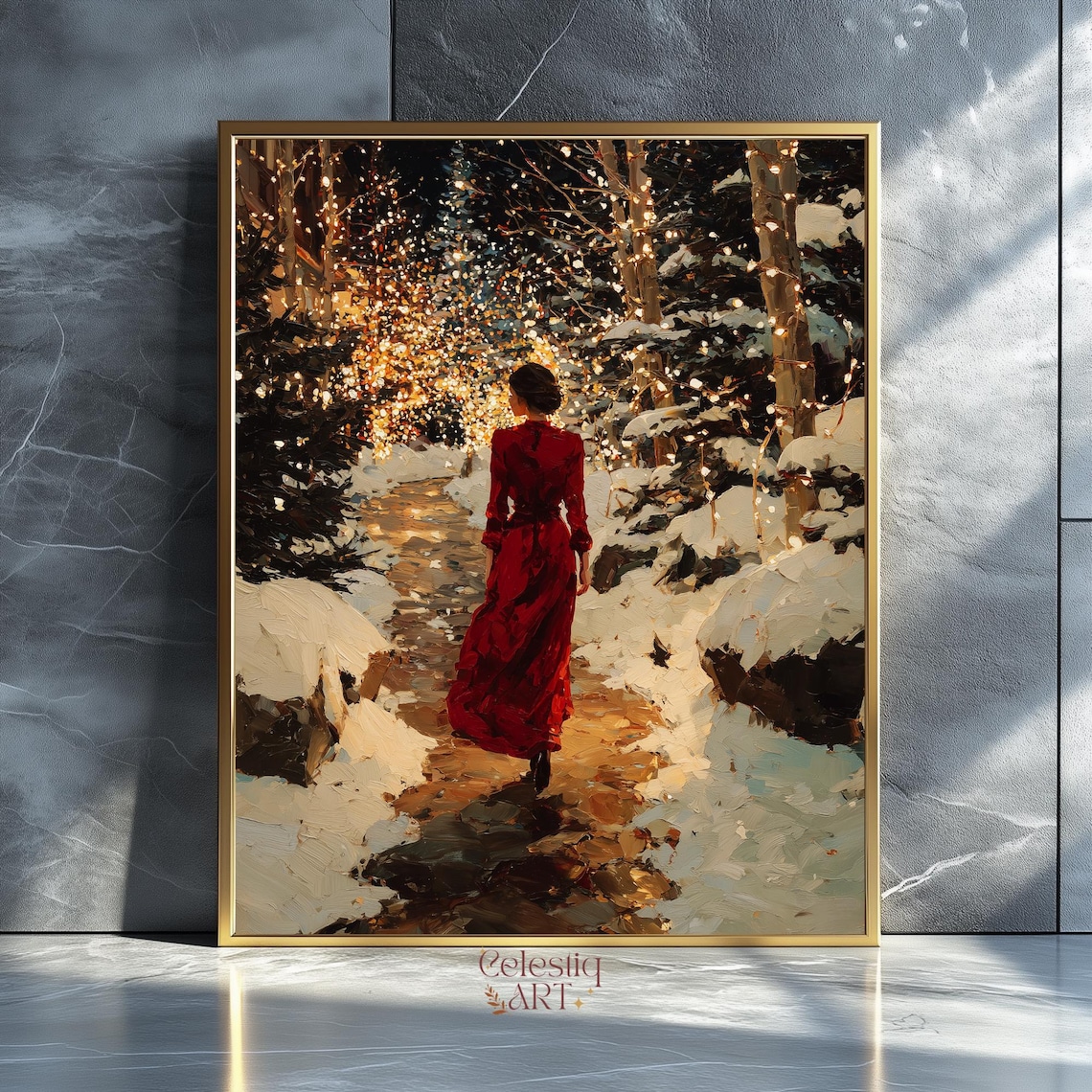 Woman In Red Dress Snowy Christmas Village Lights Winter Scene Art Print