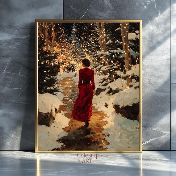Woman In Red Dress Snowy Christmas Village Lights Winter Scene Art Print